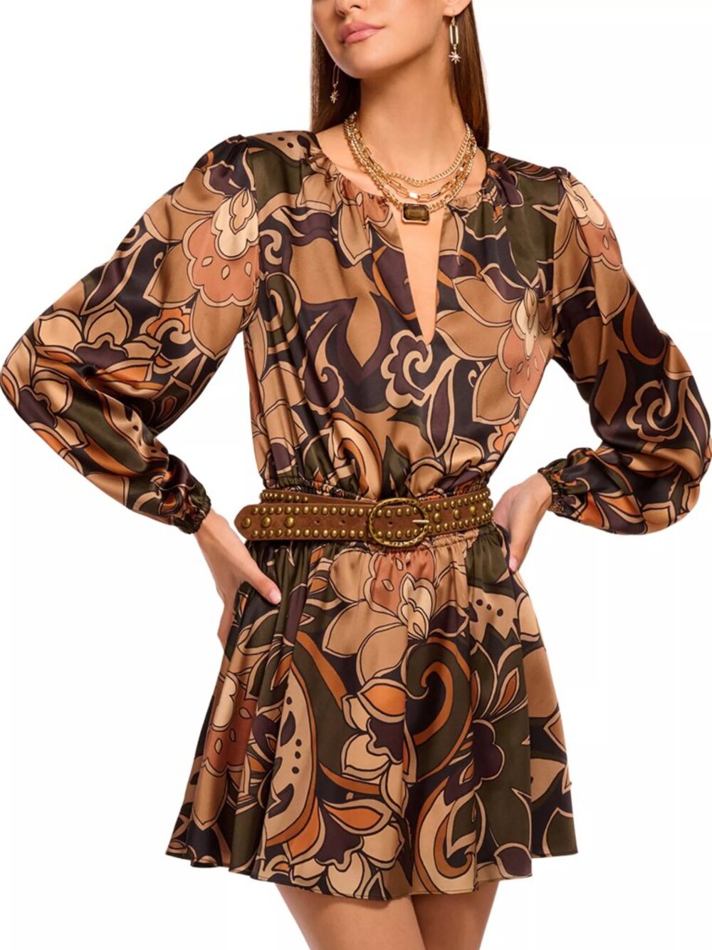 Ramy Brook Gloria Printed Silk Long-Sleeve Mini Dress Size Medium